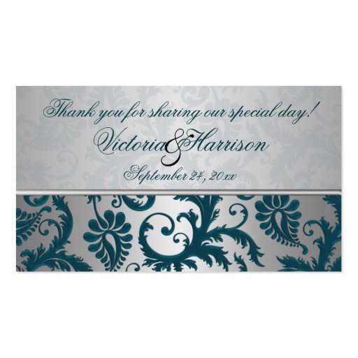 Silver and Teal Damask II Wedding Favor Tag Business Card Templates (front side)