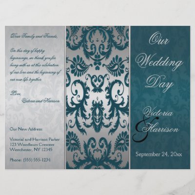 This elegant silver and teal damask wedding program matches the wedding 