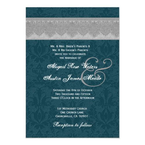 Silver and Teal Damask Monogram Wedding Invite