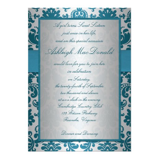 Silver and Teal Damask Sweet Sixteen Invitation