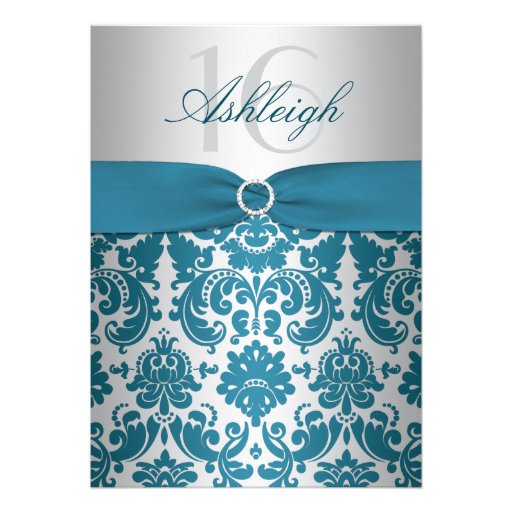 Silver and Teal Damask Sweet Sixteen Invitation