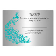 Silver and Teal Peacock RSVP Invitations