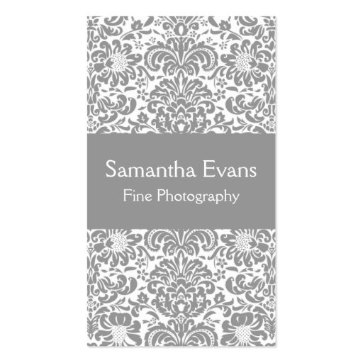 Silver and White Damask Business Card (front side)