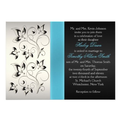 Silver, Aqua, and Black Floral Wedding Invitation