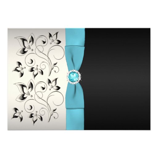 Silver, Aqua, and Black Floral Wedding Invitation