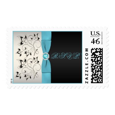 Silver, Aqua, and Black Floral Wedding Postage by NiteOwlStudio
