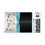 Silver, Aqua, and Black Floral Wedding Postage postage