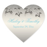 Silver, Aqua, Black Floral Heart Shaped Sticker