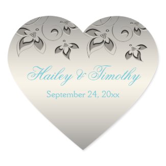 Silver, Aqua, Black Floral Heart Shaped Sticker sticker
