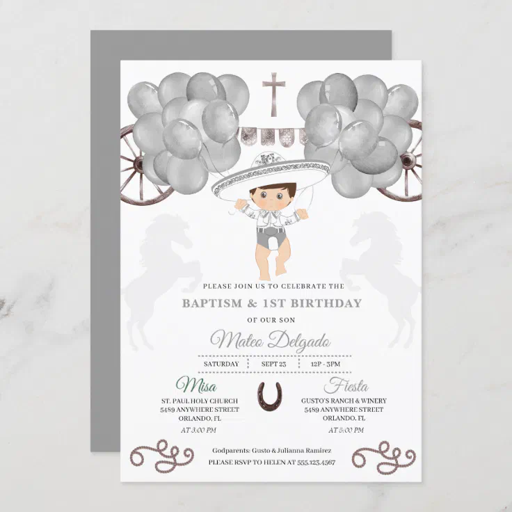 Silver Balloons Mexican Baby Boy Charro Baptism Invitation Zazzle