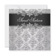 Silver Black Damask Black White Sweet 16 Birthday Invitations