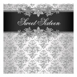 Silver Black Damask Black White Sweet 16 Birthday Invitations
