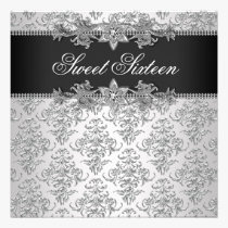 Silver Black Damask Black White Sweet 16 Birthday invitations