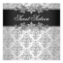 Silver Black Damask Black White Sweet 16 Birthday Invitations