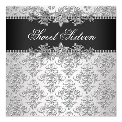 Silver Black Damask Black White Sweet 16 Birthday Invitations