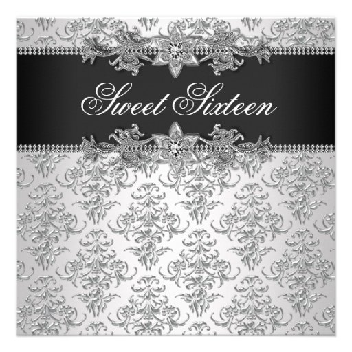 Silver Black Damask Black White Sweet 16 Birthday Invitations (front side)