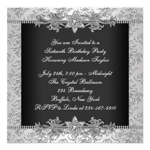 Silver Black Damask Black White Sweet 16 Birthday Invitations