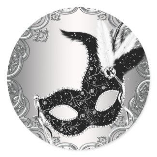 Silver Black Mask Masquerade Envelope Seal Favour Round Stickers