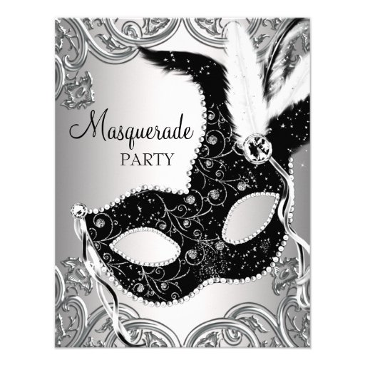 Silver Black Mask Masquerade Party Custom Announcements (front side)