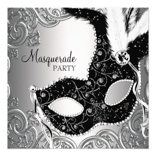 Silver Black Mask Masquerade Party Invites (front side)