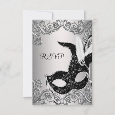 Silver Black Mask Masquerade Party RSVP Invitation