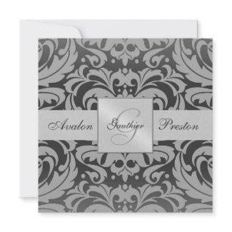 Silver & Black Monogram Damask Wedding Invitation invitation