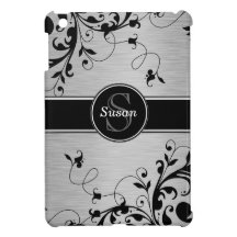 SILVER BLACK SWIRLS YOUR MONOGRAM iPad MINI COVERS
