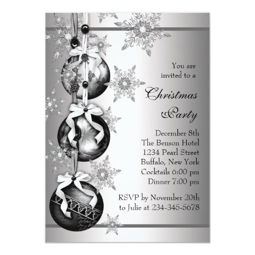 Silver Black White Snowflakes Christmas Party Custom Invitation