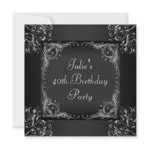 Silver Black Womans Birthday Party Custom Announcement