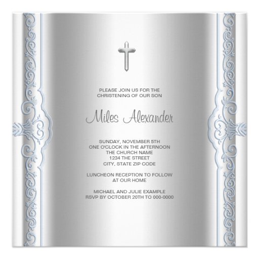 Silver Blue Baby Boy Christening Announcements
