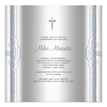 Silver Blue Baby Boy Christening Custom Announcements