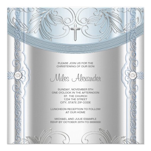 Silver Blue Baby Boy Christening Invite (front side)