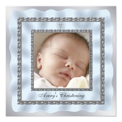 Silver Blue Baby Boy Photo Christening Baptism Custom Invites