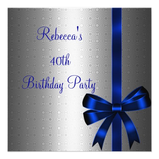 Silver Blue Bow 40th Elegant Birthday Party Personalized Invites (front side)
