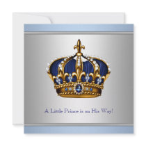 Silver Blue Crown Prince Baby Boy Shower Personalized Invite