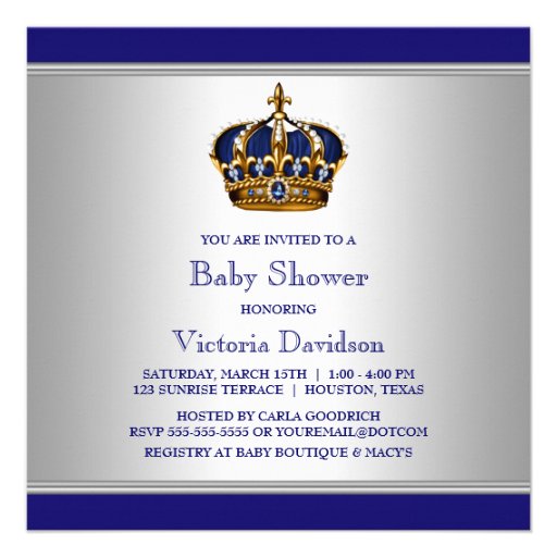 Silver Blue Crown Prince Baby Boy Shower Announcement