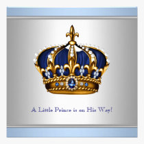 Silver Blue Crown Prince Baby Boy Shower invitations