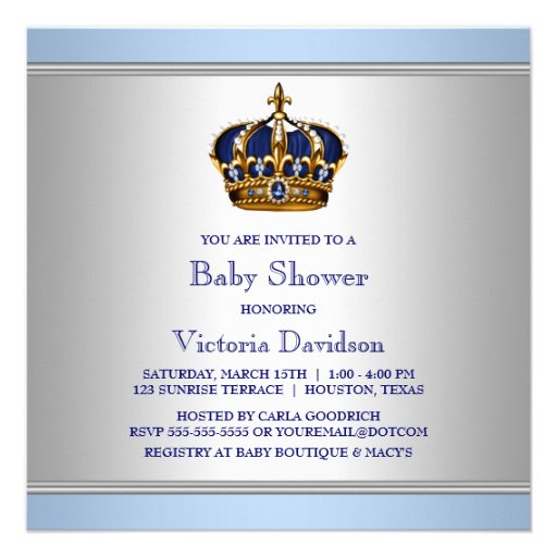 Silver Blue Crown Prince Baby Boy Shower Personalized Invite