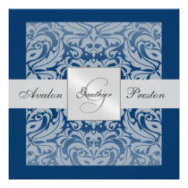 Silver & Blue Monogram Damask Border Invitation