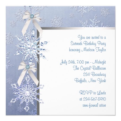 Silver Blue Snowflake Sweet Sixteen Birthday Invitations