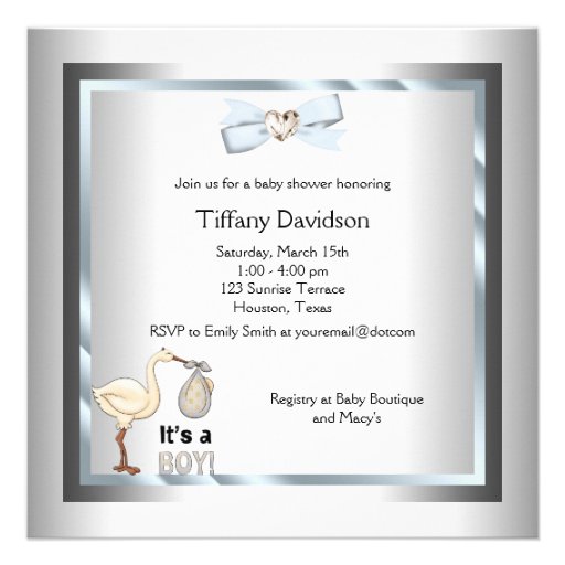Silver Blue Stork Baby Boy Shower Invitations