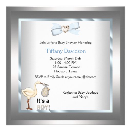 Silver Blue Stork Baby Boy Shower Invitations