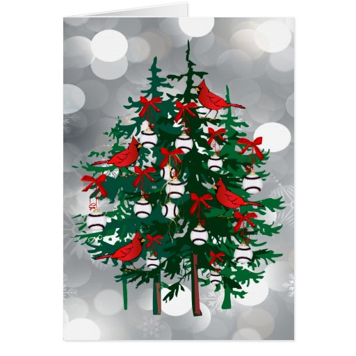 Silver Bokeh Baseball Christmas Tree with Red Bird Greeting Card