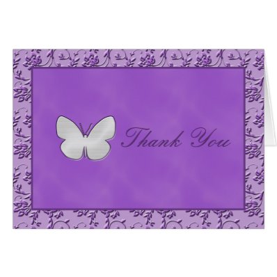 Silver Butterfly on Purple Thank You Card Greeting Cards