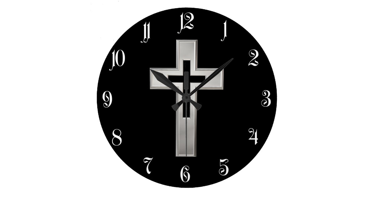 Silver Christian cross Large Clock Zazzle