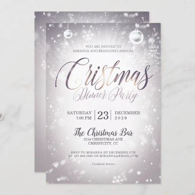 Silver Christmas Baubles Christmas Dinner Party Invitation Zazzle