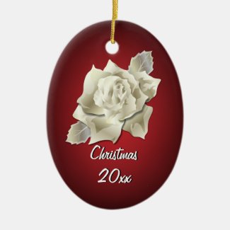 Silver Color Rose on Dark Red Personalized Holiday Christmas Ornaments