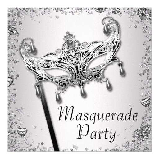 Silver Confetti Black White Masquerade Party Custom Invitations