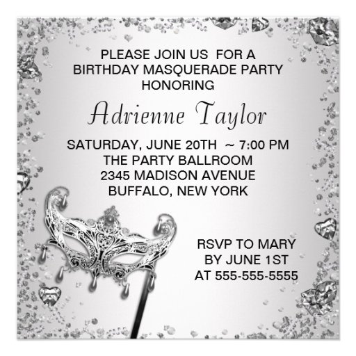 Silver Confetti Black White Masquerade Party Custom Invitations