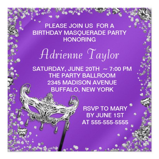 Silver Confetti Lavender Purple Masquerade Party Announcement